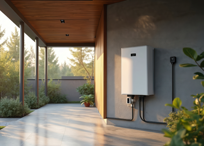 Moderne Energie-Lösung an der Wand im Außenbereich mit grüner Umgebung
